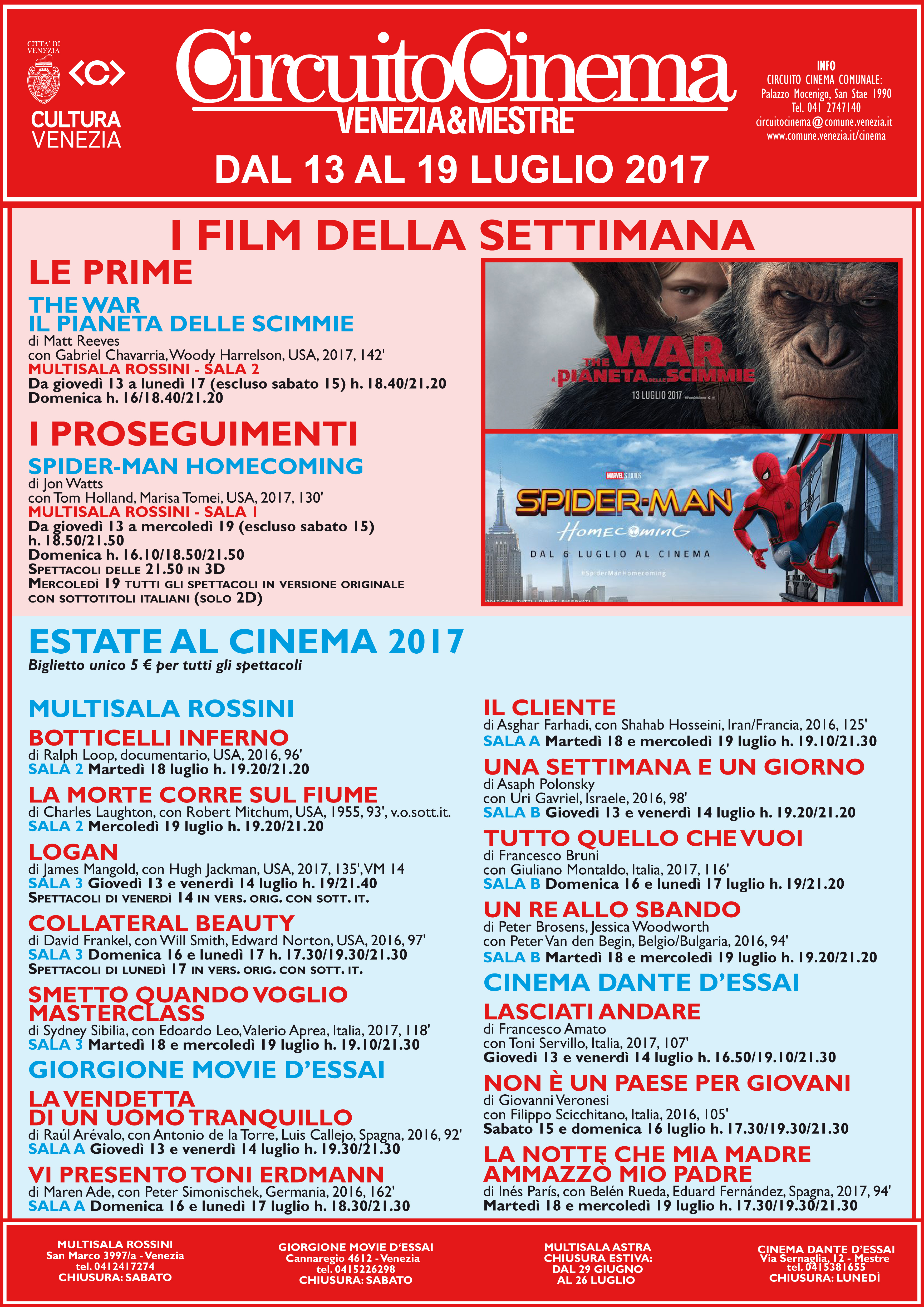 Locandina programmazione cinema dal 13 al 19 luglio 2017