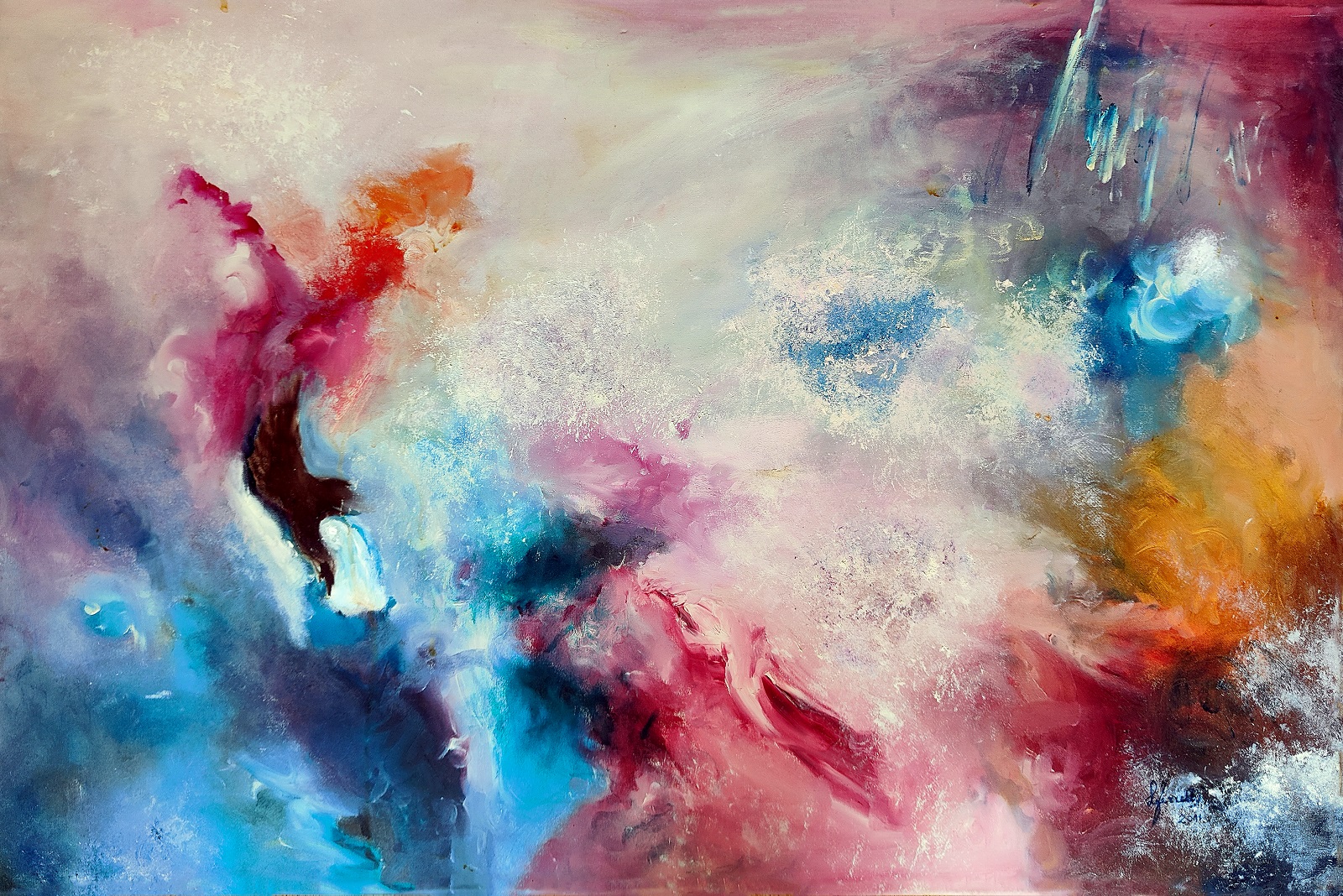 Dipinto astratto composto da elementi che sembrano nubi di diversi colori