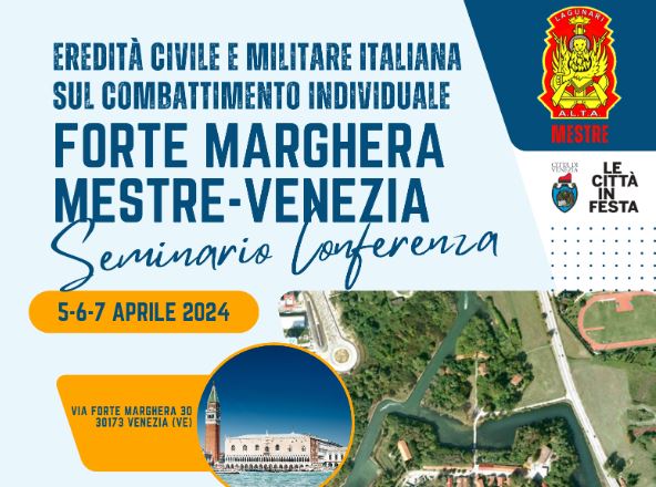 Composizione grafica: titolo dell'evento, immagini di Venezia e veduta aerea di Forte Marghera