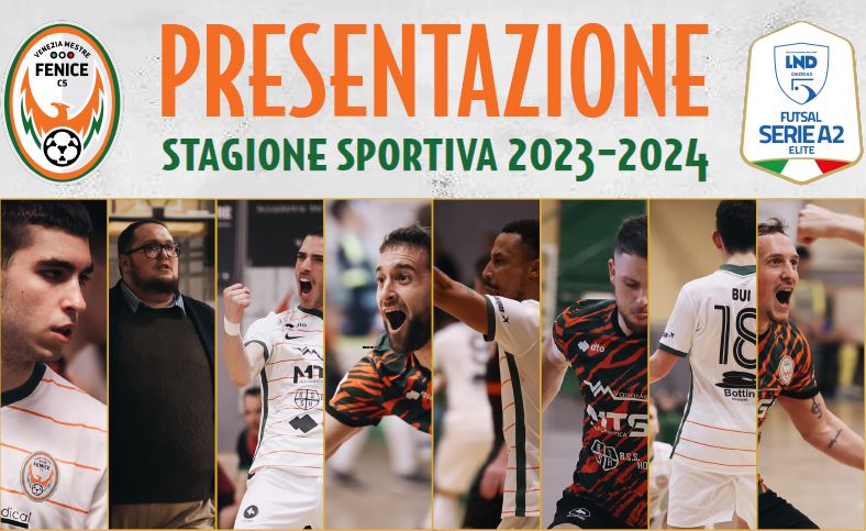 Composizione grafica: in alto, scritta "Presentazione stagione sportiva 2023-2024"+loghi; sotto, foto di giocatori di futsal