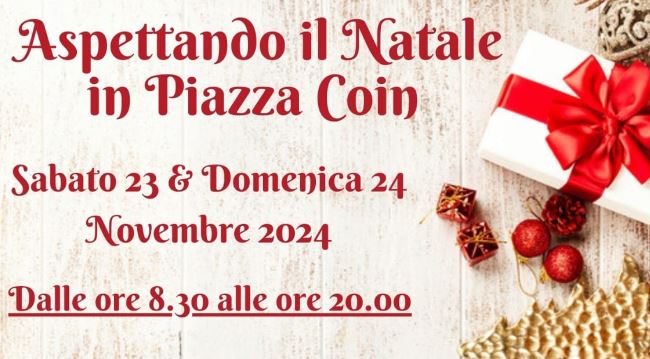 Grafica: al centro e a sx, titolo dell'evento e informaizioni; a dx pacchetto e decorazioni natalizie