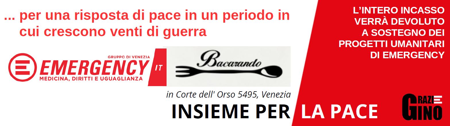 Composizione grafica: titolo dell'evento e loghi di Emergency e del locale Bacarando (posata con forchetta/cucchiaio assieme)