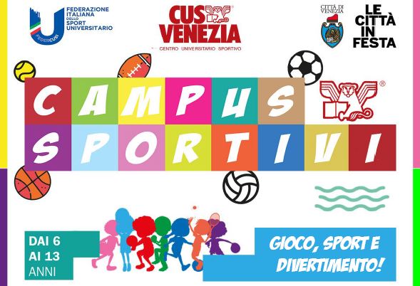 Grafica: scritta "Campus Sportivi" composta di lettere iscritte in quadrati di diversi colori, loghi e informazioni