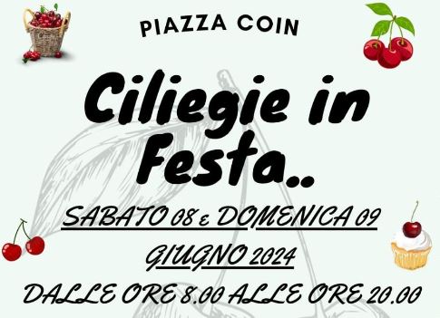 Grafica: al centro, titolo dell'evento e informazioni; ai 4 vertici, un cesto di ciliegie, due grappoli di ciliegie, un dolce