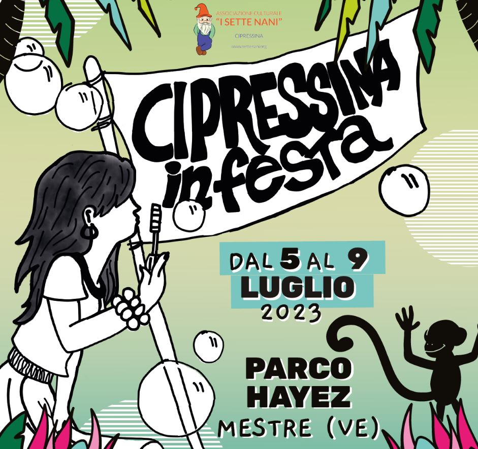 Disegno di bambina che fa bolle di sapone e regge bandiera con scritta "Cipressina in festa"; in basso a dx una scimmia