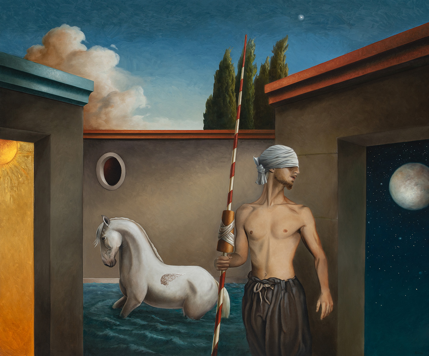 Dipinto: uomo bendato e a petto nudo regge una lancia da cavaliere; dietro, un cavallo con le zampe immerse in acqua