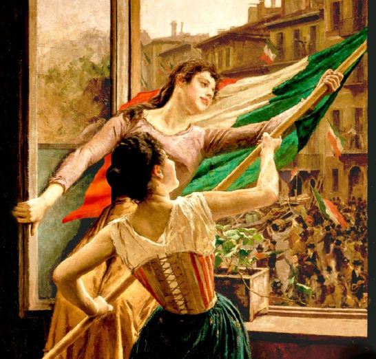 Dipinto che ritrae due donne in abiti ottocenteschi che, a una finestra, reggono il Tricolore