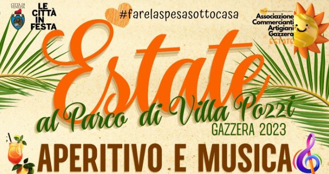 Grafica con elementi estivi e titolo "Estate al Parco di Villa Pozzi"