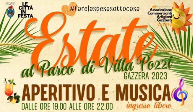 Grafica con elementi estivi e titolo "Estate al Parco di Villa Pozzi"