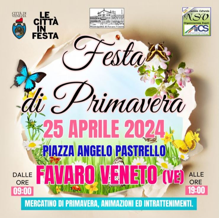 Grafica con titolo dell'evento e immagini primaverili, tra cui un prato e farfalle