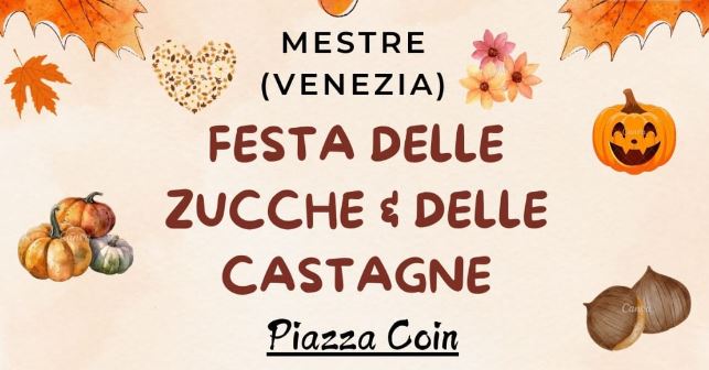 Grafica: titolo dell'evento contornato da disegni di zucche e castagne