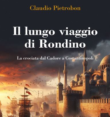 Grafica: in alto, titolo del libro e autore; in basso; disegno di Costantinopoli nel medioevo