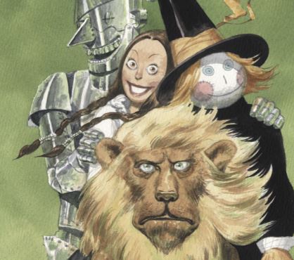 Disegno con Dorothy del Mago di Oz, l'uomo di latta, lo spaventapasseri e il leone