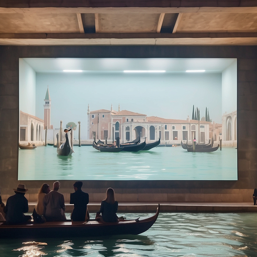 Persone sedute su una barca, viste di spalle, guardano un'immagine di Venezia proiettata su un muro