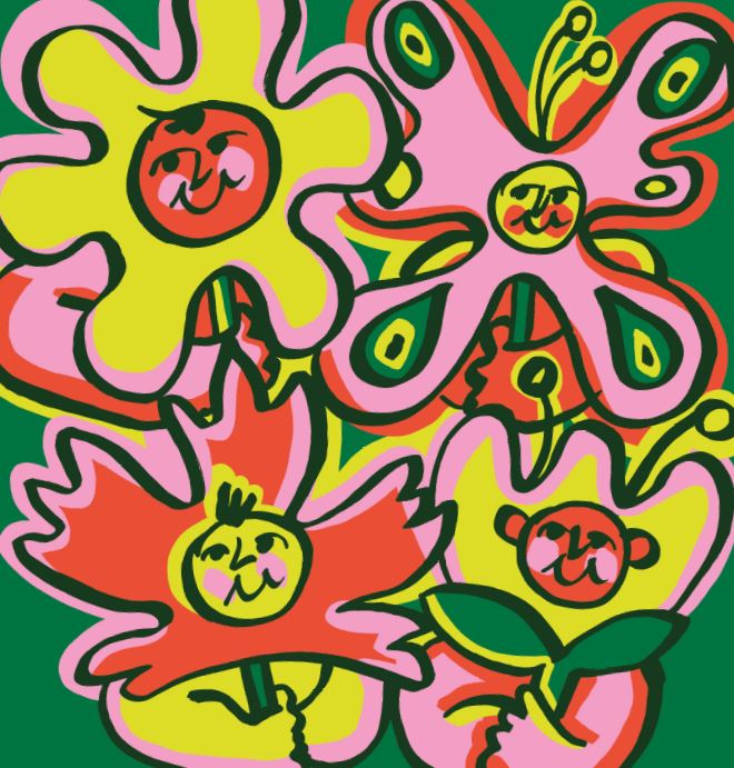 Disegno di quattro fiori con volto umano, tracciati in uno stile infantile