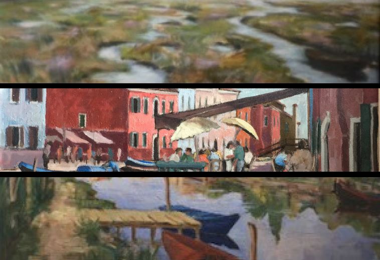 Tre porzioni orizzontali, una sopra l'altra, di quadri che rappresentano scorci della laguna e delle isole veneziane