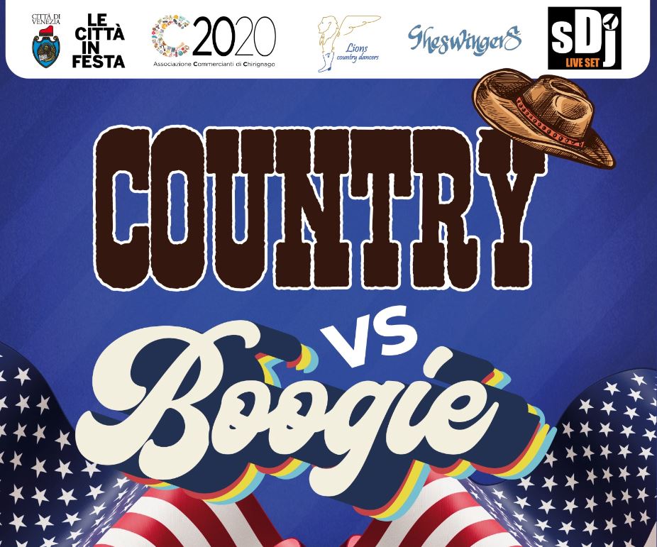 omposizione grafica: scritta "CountryvsBoogie" con cappello da cow boy sulla "Y" e sfondo con bandiere USA