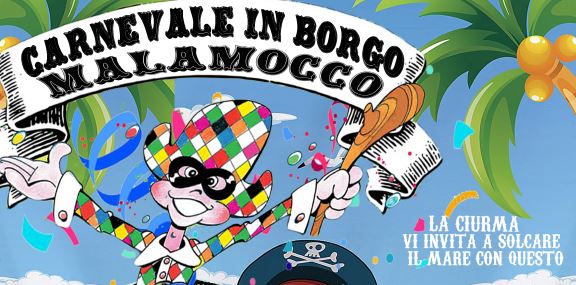 Grafica con titolo dell'evento in uno stendardo retto da arlecchino