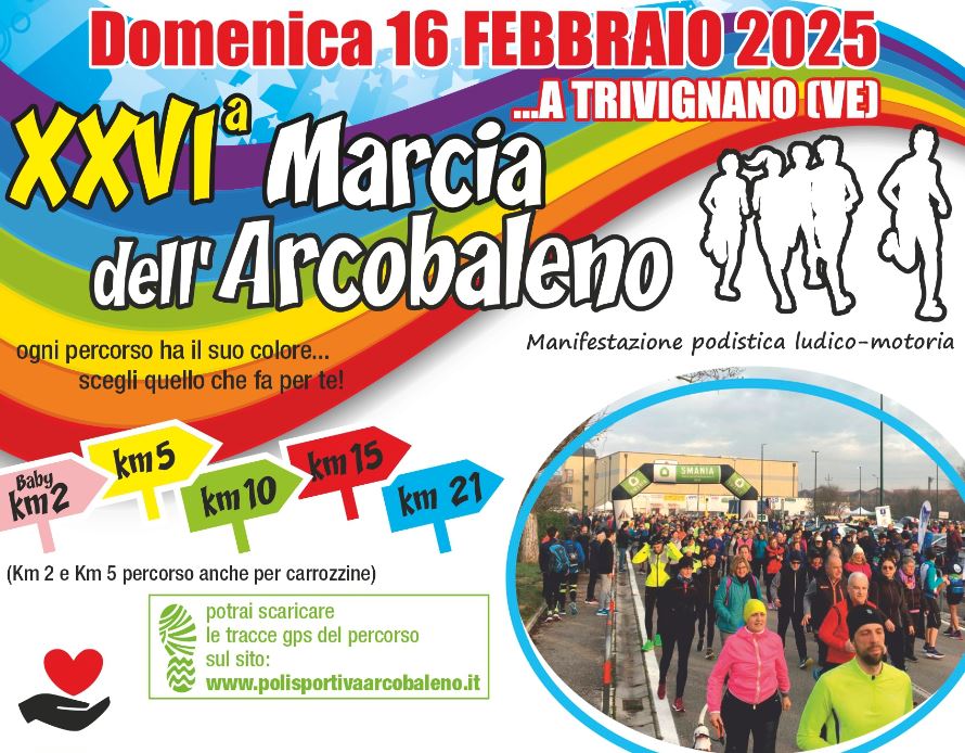 Grafica con titolo dell'evento in alto, sopra un arcobaleno. In basso a dx tondo con foto di podisti