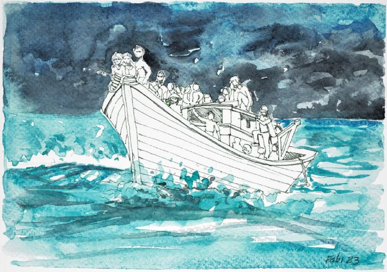  Disegno ad acquarello di una barca colma di persone che naviga su un mare agitato
