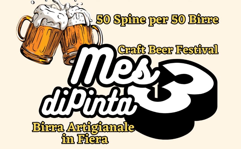 Composizione grafica: in alto a sx due boccali di birra, al centro il titolo "Mes3 diPinta"