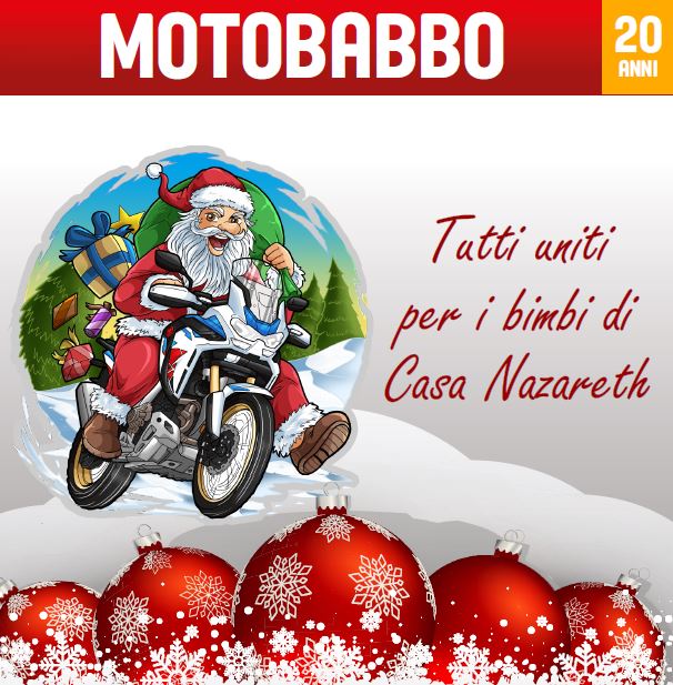 Composizione grafica: in alto scritta "Motobabbo", al centro Babbo Natale in moto, in basso palle di Natale