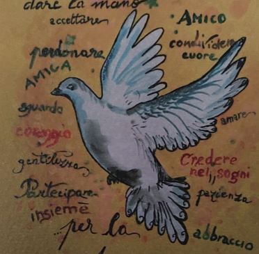 Disegno di una colomba bianca in volo tra decine di parole positive, come abbraccio, amico, ridere, pace e altre