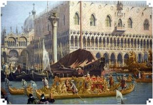 Quadro antico che ritrae il bucintoro davanti al Palazzo Ducale di Venezia