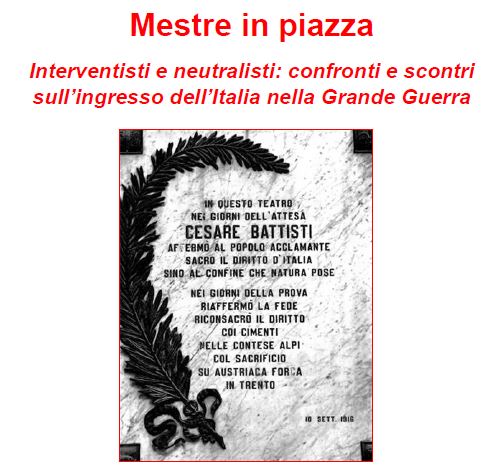 Grafica: in basso foto di una lapide dedicata a Cesare Battisti; in alto, il titolo dell'evento