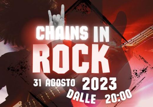 Composizione grafica: scritta "Chains in Rock" su sfondo con immagine di una chitarra