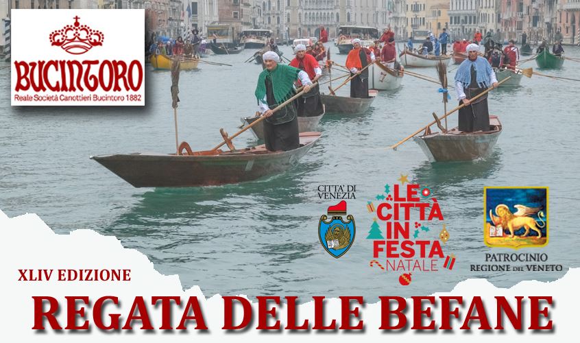 Grafica: foto di uomini che remano in barca sul Canal Grande vestiti da Befana; titolo dell'evento