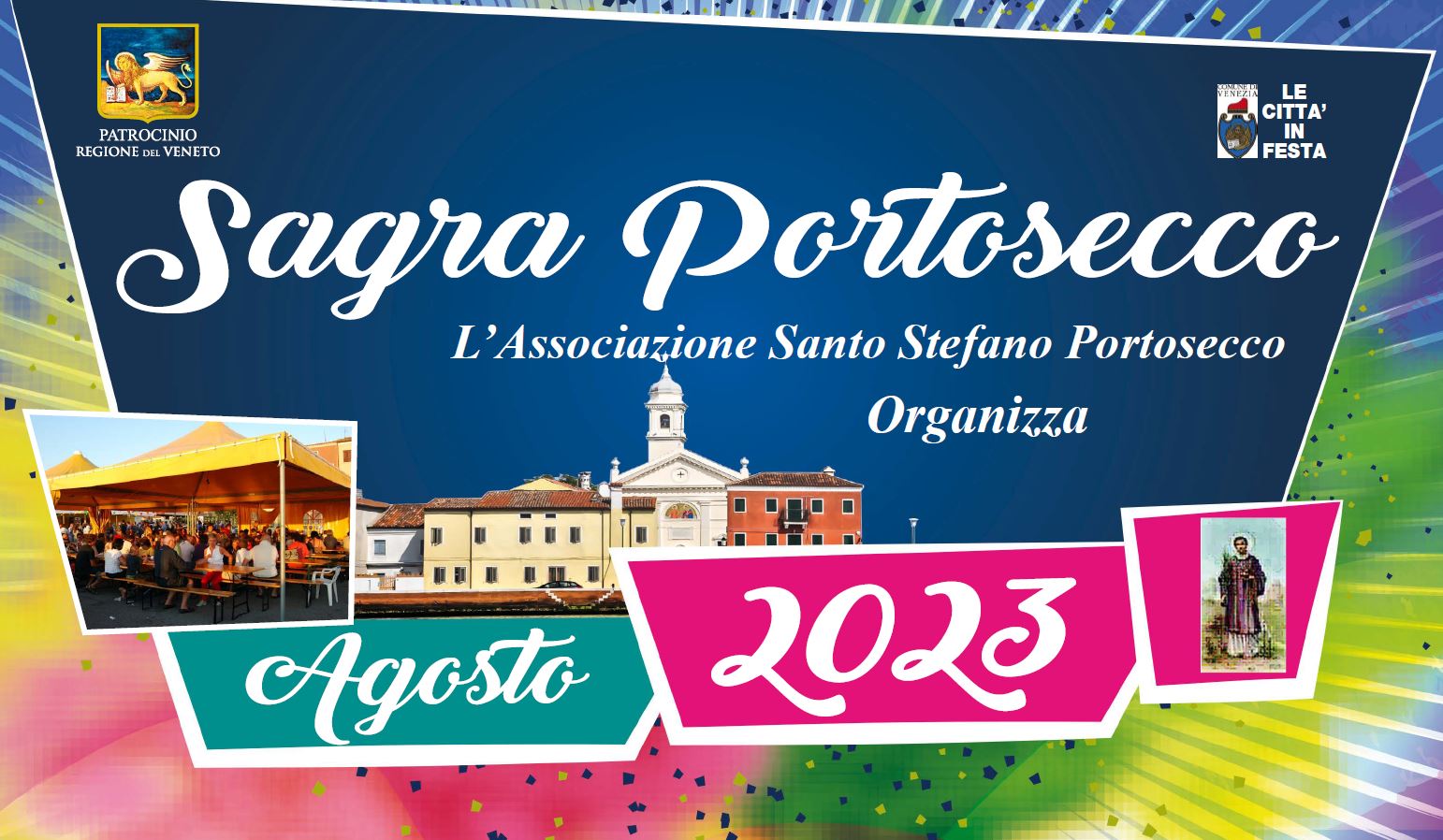 Composizione grafica: scritta "Sagra di Portosecco", disegno di un abitato lagunare e foto con banchetto di una sagra