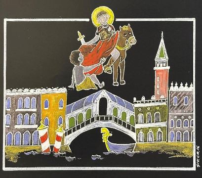 Disegno: in basso Venezia con Ponte di Rialto e campanile di San Marco; in alto, San Martino e il poverello