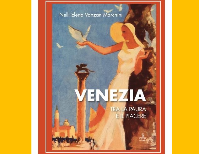 Disegno di una donna con cappello che regge un colombo sulla mano destra; sullo sfondo, monumenti veneziani