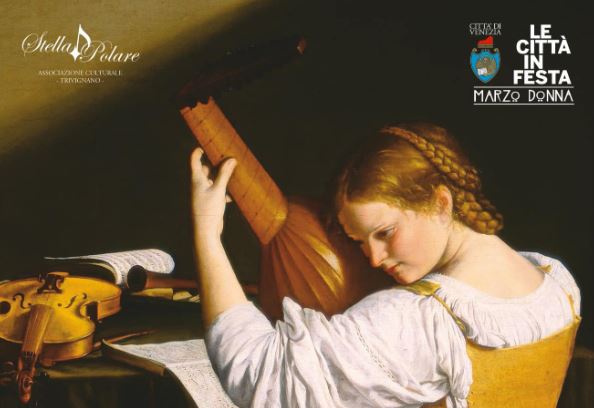 Particolare di dipinto rinascimentale che ritrae giovane donna di spalle che suona uno strumento a corde