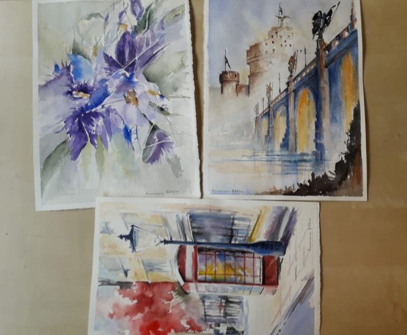 Composizione di tre acquerelli, due sopra (soggetti: fiore e Castel S. Angelo) e uno sotto (soggetto: via urbana con cabina tel)