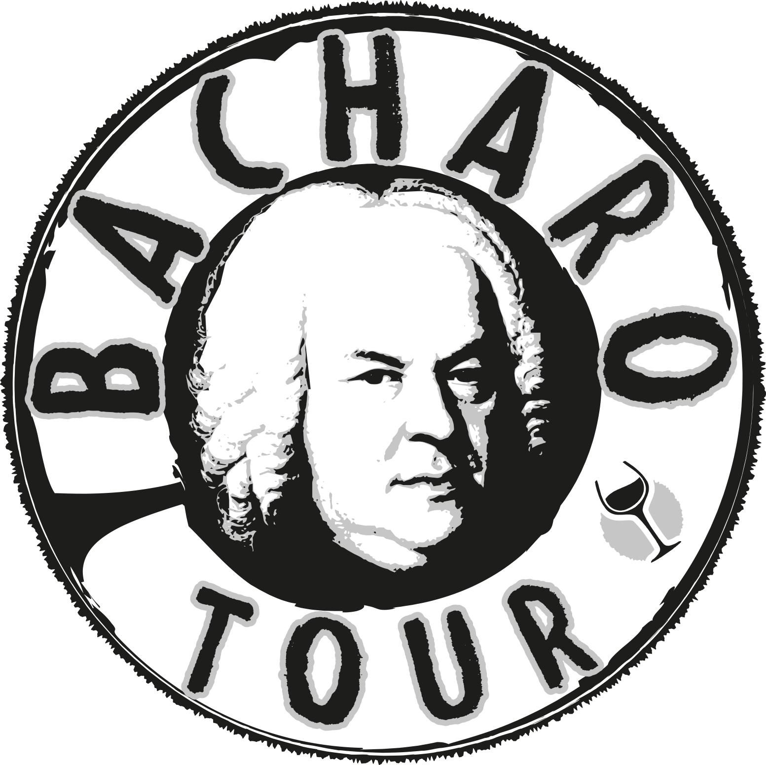 Logo rotondo con scritta Bacharo Tour attorno al volto di Bach