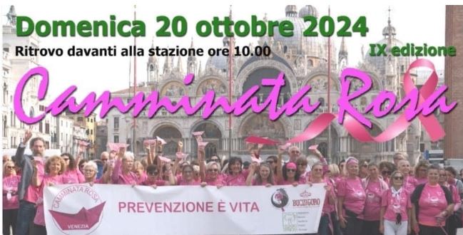 Folto gruppo di donne vestite di rosa che reggono uno striscione, posizionate di fronte alla basilica di San Marco