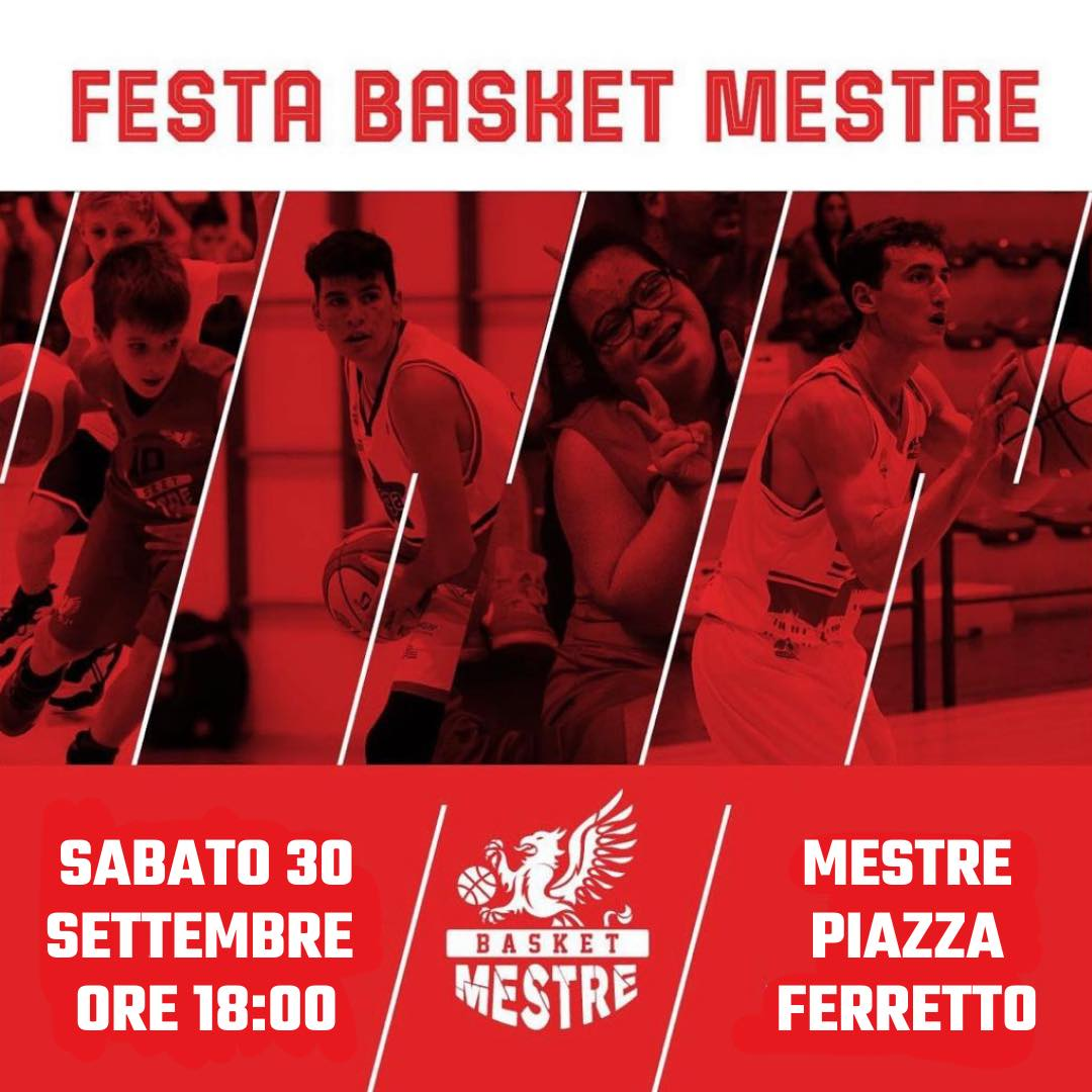 Composizione grafica con foto di quattro cestisti, titolo dell'evento e logo del Basket Mestre (grifone con palla da basket)