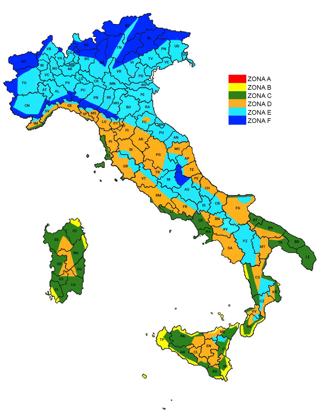 Mappa dell'Italia con le zone climatiche 