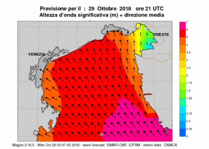 previsione dell'altezza dell'onda nell'alto Adriatico per le ore 21 del 29 ottobre 2018