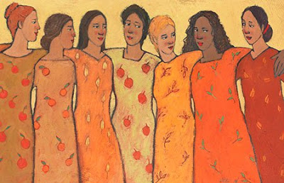 Disegno di donne in semicerchio che si abbracciano